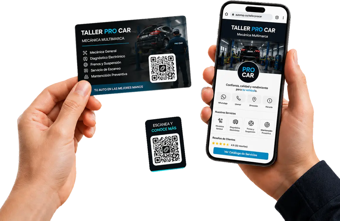 Tarjeta digital, código QR y celular con una ficha AutoTAP para un taller automotriz