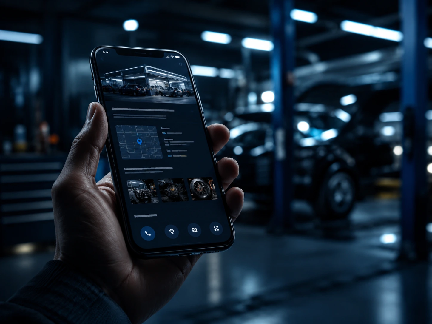 Ejemplo de perfil automotriz con mapa, fotos y servicios visibles desde el teléfono