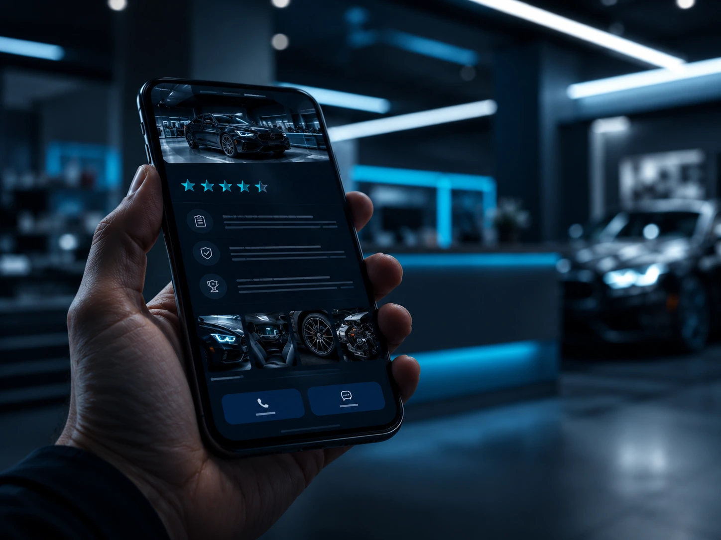 Ejemplo de perfil automotriz con reseñas y señales de confianza visibles en el móvil