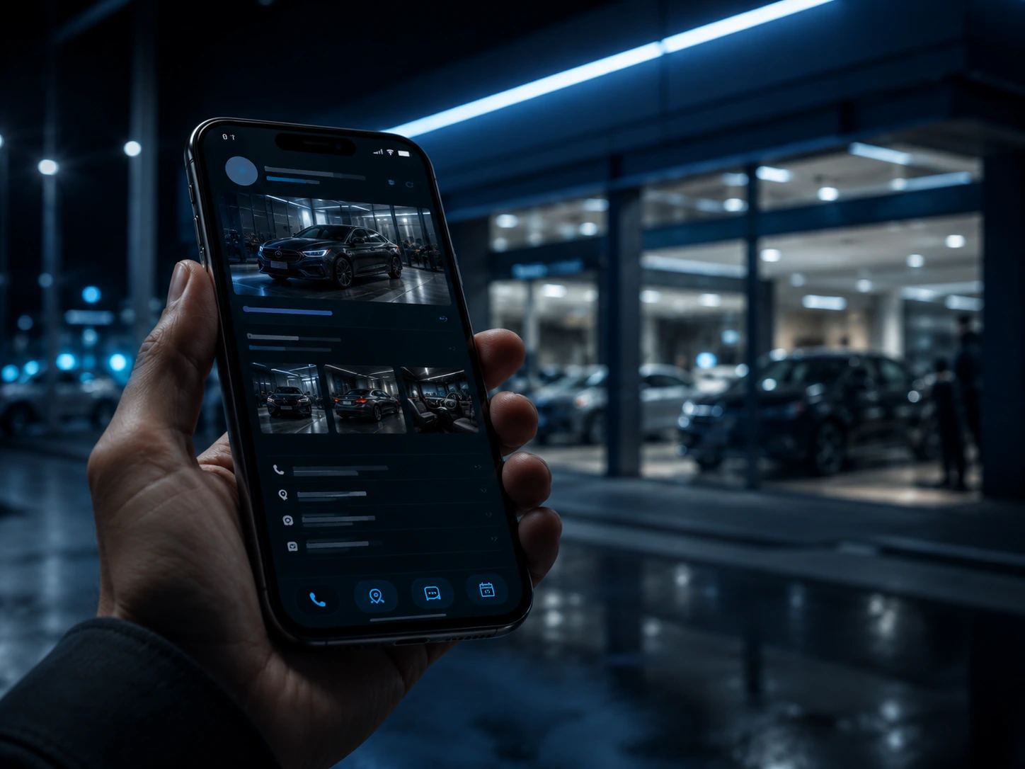Ejemplo de perfil automotriz con galería, datos y contacto completos en el teléfono
