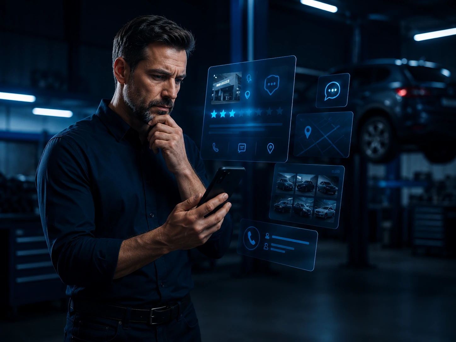 Dueño de negocio automotriz revisando en su teléfono cómo se percibe su presencia digital