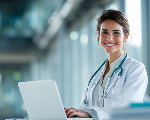 Médica sonriente utilizando laptop, representando la formación online práctica y accesible de DoctorIQ